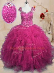 Graceful Tulle Cap Sleeves Floor Length Quinceanera Dress and Beading and Ruffles
