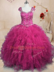 Graceful Tulle Cap Sleeves Floor Length Quinceanera Dress and Beading and Ruffles