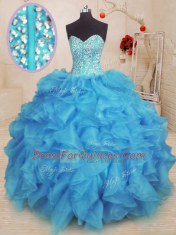Baby Blue Lace Up 15th Birthday Dress Beading and Ruffles Sleeveless Floor Length