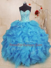 Baby Blue Lace Up 15th Birthday Dress Beading and Ruffles Sleeveless Floor Length