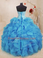 Baby Blue Lace Up 15th Birthday Dress Beading and Ruffles Sleeveless Floor Length