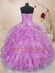 Organza Sweetheart Sleeveless Lace Up Beading and Ruffles Quince Ball Gowns in Lilac
