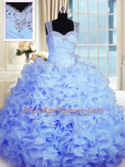 Fashion Baby Blue Sleeveless Floor Length Beading and Ruffles Zipper Sweet 16 Quinceanera Dress