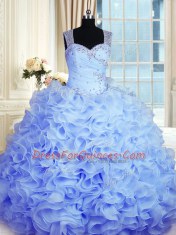 Fashion Baby Blue Sleeveless Floor Length Beading and Ruffles Zipper Sweet 16 Quinceanera Dress