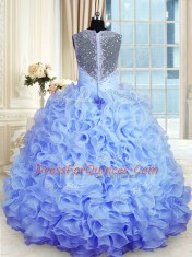 Fashion Baby Blue Sleeveless Floor Length Beading and Ruffles Zipper Sweet 16 Quinceanera Dress