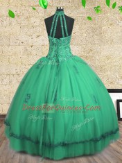 Halter Top Sleeveless Floor Length Beading Lace Up Ball Gown Prom Dress with Turquoise