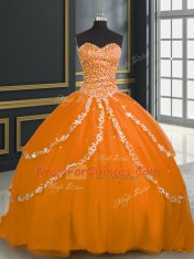 Orange Sleeveless Tulle Brush Train Lace Up Quinceanera Gowns for Military Ball and Sweet 16 and Quinceanera