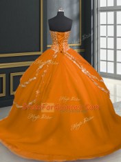 Orange Sleeveless Tulle Brush Train Lace Up Quinceanera Gowns for Military Ball and Sweet 16 and Quinceanera
