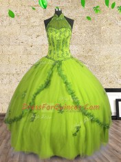 Yellow Green Halter Top Lace Up Beading Quinceanera Dresses Sleeveless