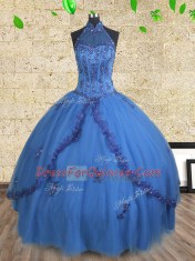 Halter Top Blue Sleeveless Tulle Lace Up Ball Gown Prom Dress for Military Ball and Sweet 16 and Quinceanera