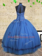 Halter Top Blue Sleeveless Tulle Lace Up Ball Gown Prom Dress for Military Ball and Sweet 16 and Quinceanera