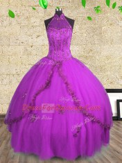Trendy Purple Tulle Lace Up Halter Top Sleeveless Floor Length Sweet 16 Dresses Beading