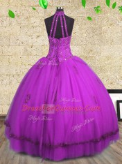Trendy Purple Tulle Lace Up Halter Top Sleeveless Floor Length Sweet 16 Dresses Beading