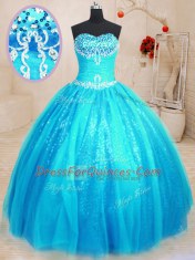 Fine Ball Gowns Quinceanera Gown Baby Blue Sweetheart Tulle and Sequined Sleeveless Floor Length Lace Up