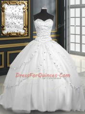 Fancy With Train Ball Gowns Sleeveless White Sweet 16 Dresses Brush Train Lace Up