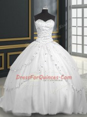 Fancy With Train Ball Gowns Sleeveless White Sweet 16 Dresses Brush Train Lace Up