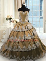 Glorious Brown Ball Gowns Sweetheart Sleeveless Taffeta With Train Court Train Lace Up Beading and Appliques and Ruffled Layers Sweet 16 Dresses