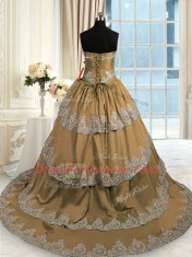 Glorious Brown Ball Gowns Sweetheart Sleeveless Taffeta With Train Court Train Lace Up Beading and Appliques and Ruffled Layers Sweet 16 Dresses