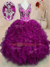 Designer Fuchsia V-neck Backless Beading and Embroidery and Ruffles Quinceanera Dresses Sleeveless
