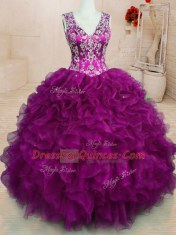 Designer Fuchsia V-neck Backless Beading and Embroidery and Ruffles Quinceanera Dresses Sleeveless