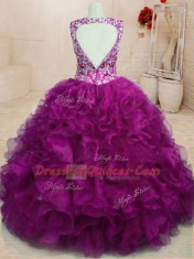 Designer Fuchsia V-neck Backless Beading and Embroidery and Ruffles Quinceanera Dresses Sleeveless