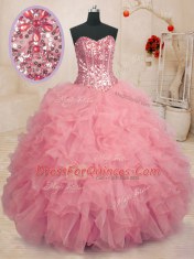 Baby Pink Ball Gowns Sweetheart Sleeveless Organza Floor Length Lace Up Beading and Ruffles Quinceanera Dress