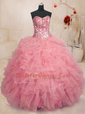 Baby Pink Ball Gowns Sweetheart Sleeveless Organza Floor Length Lace Up Beading and Ruffles Quinceanera Dress