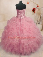 Baby Pink Ball Gowns Sweetheart Sleeveless Organza Floor Length Lace Up Beading and Ruffles Quinceanera Dress