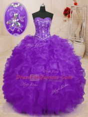 Sleeveless Floor Length Beading and Ruffles Lace Up 15th Birthday Dress with Purple