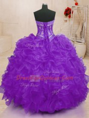 Sleeveless Floor Length Beading and Ruffles Lace Up 15th Birthday Dress with Purple
