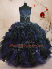 Latest Blue And Black Strapless Lace Up Beading and Ruffles Quinceanera Dress Sleeveless