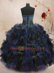 Latest Blue And Black Strapless Lace Up Beading and Ruffles Quinceanera Dress Sleeveless