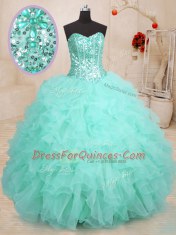 Romantic Apple Green Sweetheart Lace Up Beading and Ruffles Quinceanera Gown Sleeveless