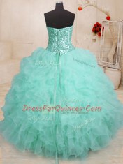 Romantic Apple Green Sweetheart Lace Up Beading and Ruffles Quinceanera Gown Sleeveless