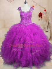 Cap Sleeves Beading and Ruffles Lace Up Quince Ball Gowns