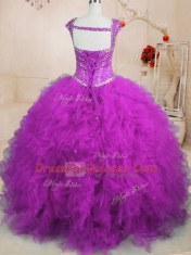 Cap Sleeves Beading and Ruffles Lace Up Quince Ball Gowns