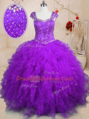 Custom Designed Square Cap Sleeves Tulle Sweet 16 Dress Beading and Ruffles Lace Up