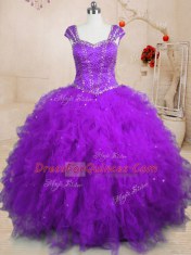 Custom Designed Square Cap Sleeves Tulle Sweet 16 Dress Beading and Ruffles Lace Up
