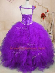 Custom Designed Square Cap Sleeves Tulle Sweet 16 Dress Beading and Ruffles Lace Up