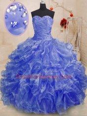 Blue Ball Gowns Organza Sweetheart Sleeveless Beading and Ruffles Floor Length Lace Up Quinceanera Gown