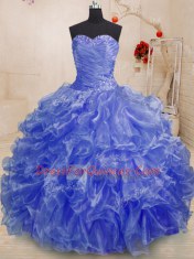 Blue Ball Gowns Organza Sweetheart Sleeveless Beading and Ruffles Floor Length Lace Up Quinceanera Gown