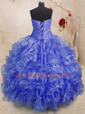 Blue Ball Gowns Organza Sweetheart Sleeveless Beading and Ruffles Floor Length Lace Up Quinceanera Gown