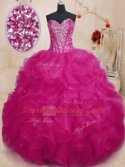 Nice Fuchsia Lace Up Sweetheart Beading and Ruffles Quinceanera Gowns Organza Sleeveless