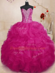 Nice Fuchsia Lace Up Sweetheart Beading and Ruffles Quinceanera Gowns Organza Sleeveless