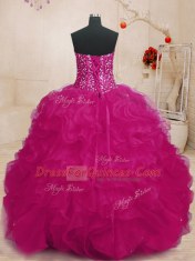 Nice Fuchsia Lace Up Sweetheart Beading and Ruffles Quinceanera Gowns Organza Sleeveless