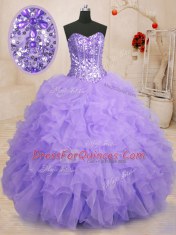 Attractive Lavender Ball Gowns Sweetheart Sleeveless Organza Floor Length Lace Up Beading and Ruffles Quinceanera Dress