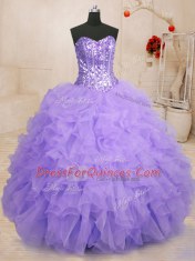 Attractive Lavender Ball Gowns Sweetheart Sleeveless Organza Floor Length Lace Up Beading and Ruffles Quinceanera Dress