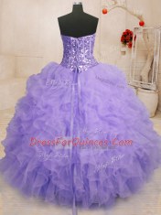 Attractive Lavender Ball Gowns Sweetheart Sleeveless Organza Floor Length Lace Up Beading and Ruffles Quinceanera Dress
