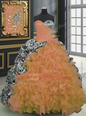 Printed With Train Ball Gowns Sleeveless Orange 15th Birthday Dress Brush Train Lace Up