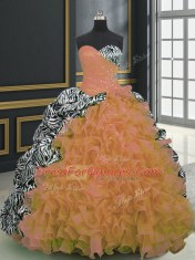 Printed With Train Ball Gowns Sleeveless Orange 15th Birthday Dress Brush Train Lace Up